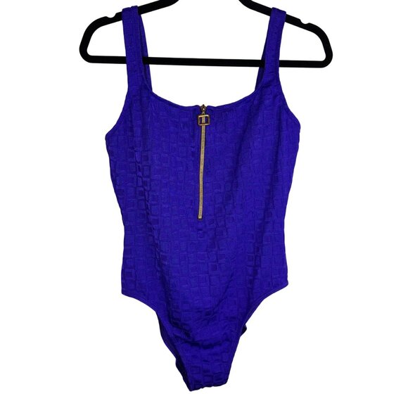 VTG Athena Purple Textured Backless One-Piece Swimsuit Gold Front‎ Zipper Sz 16 - Picture 1 of 10